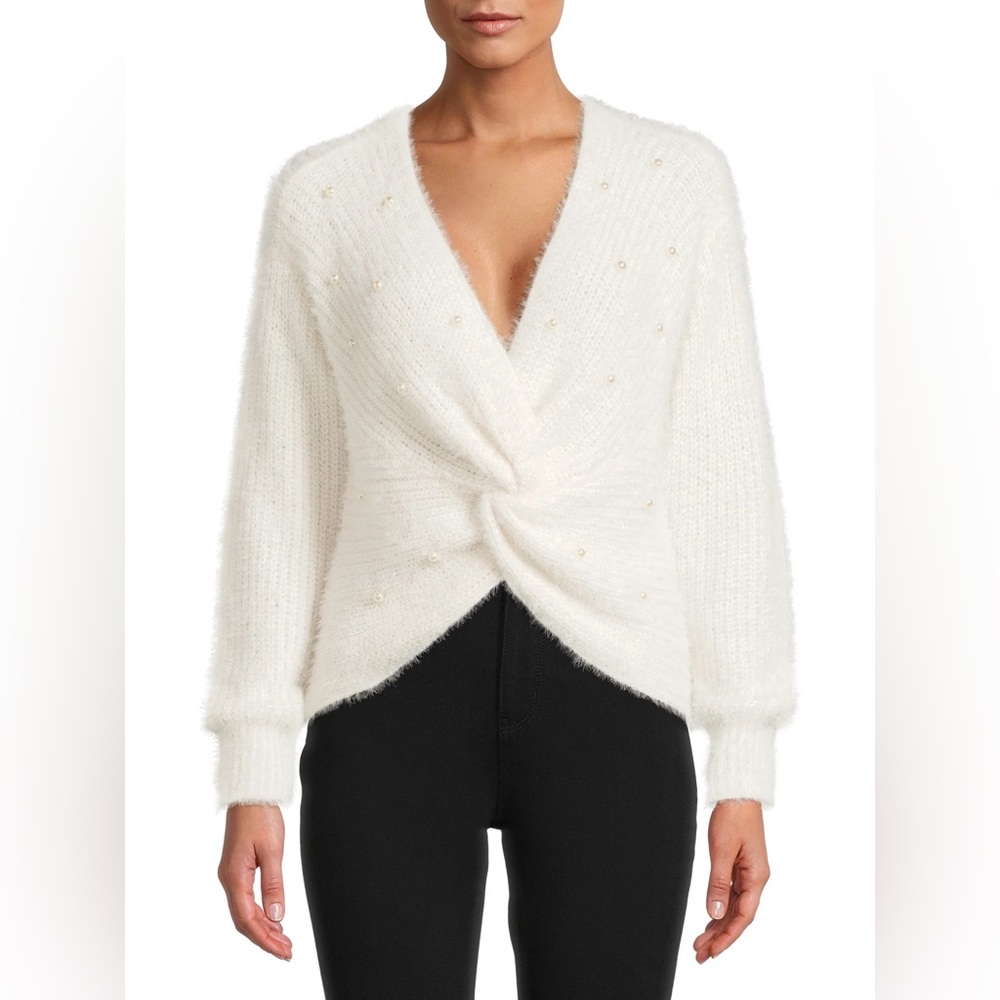 NWOT Forever 21 Pearl Twist Knot Front Embellish White V-Neck knit Sweater Sz 1X